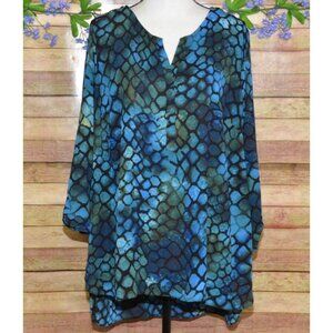 Zac & Rachel Women's Blue Print V-Neck Tab Sleeve Blouse Top Plus Size 2X Lace